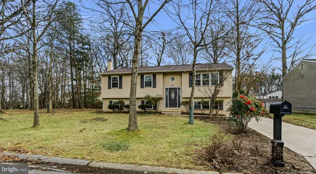 a view of a house with backyard and trees