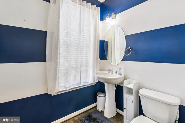 a bathroom with a sink a toilet and shower curtain