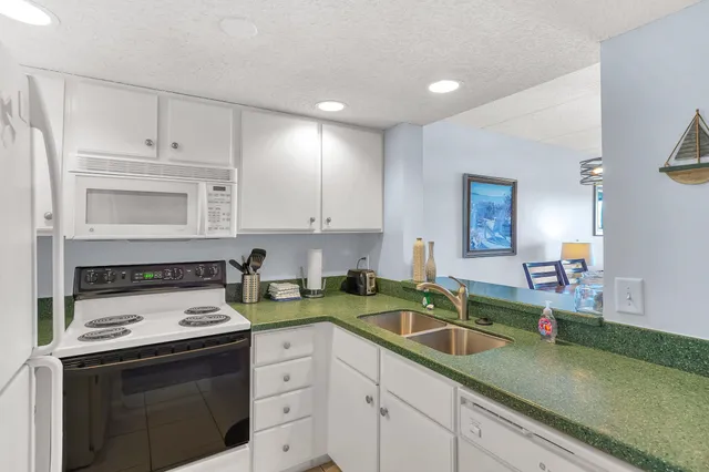 a living room with granite countertop a couch and a potted plant