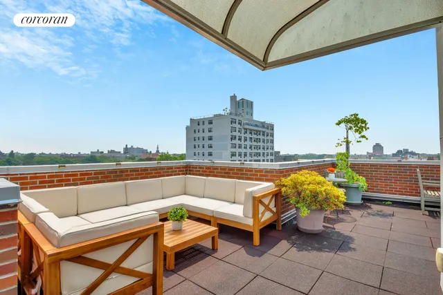 a view of a terrace with furniture and a potted plant