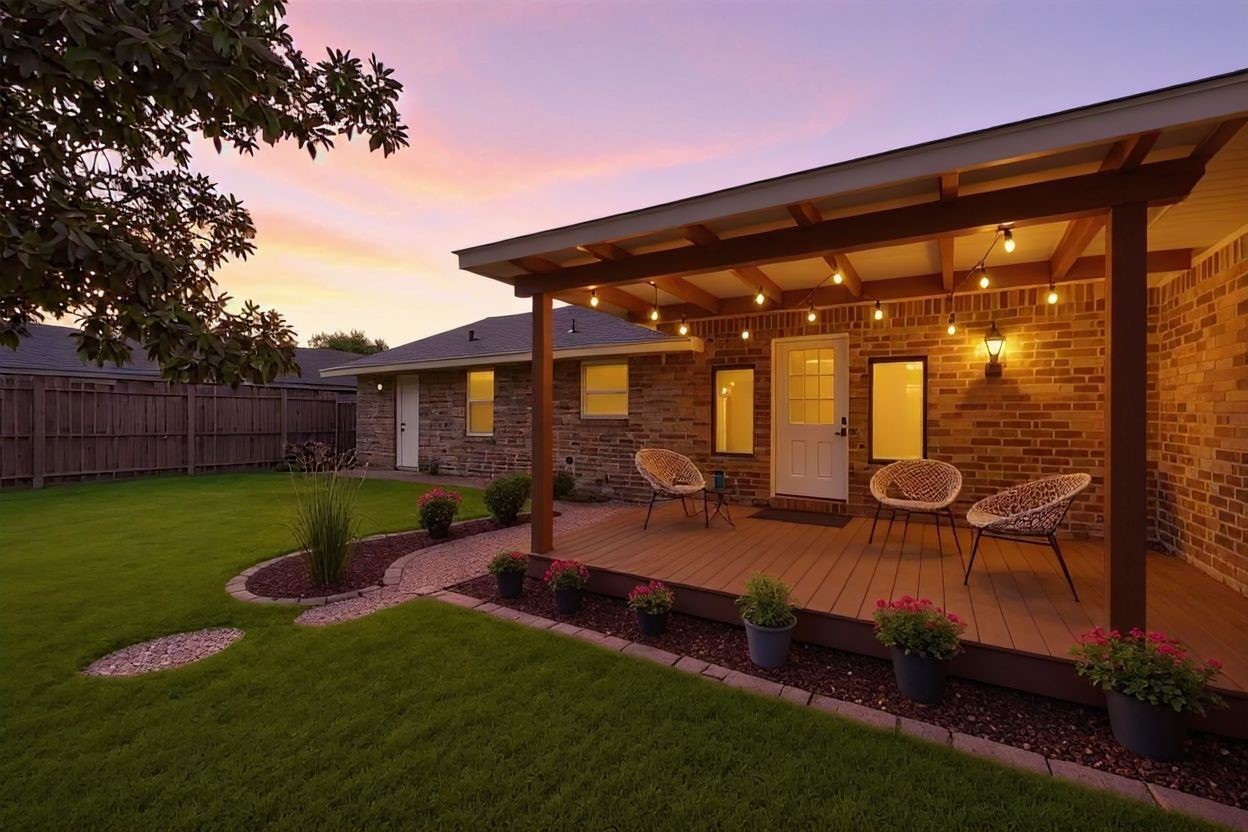 8911 Blankenship Drive Houston, TX 77080 - Photo 19 of 21 Rendering of Backyard w/ covered patio/deck/string lights, added flower beds