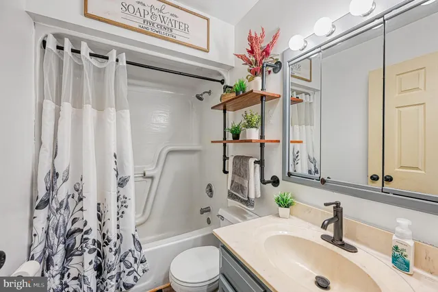 a bathroom with a sink a toilet and shower curtain