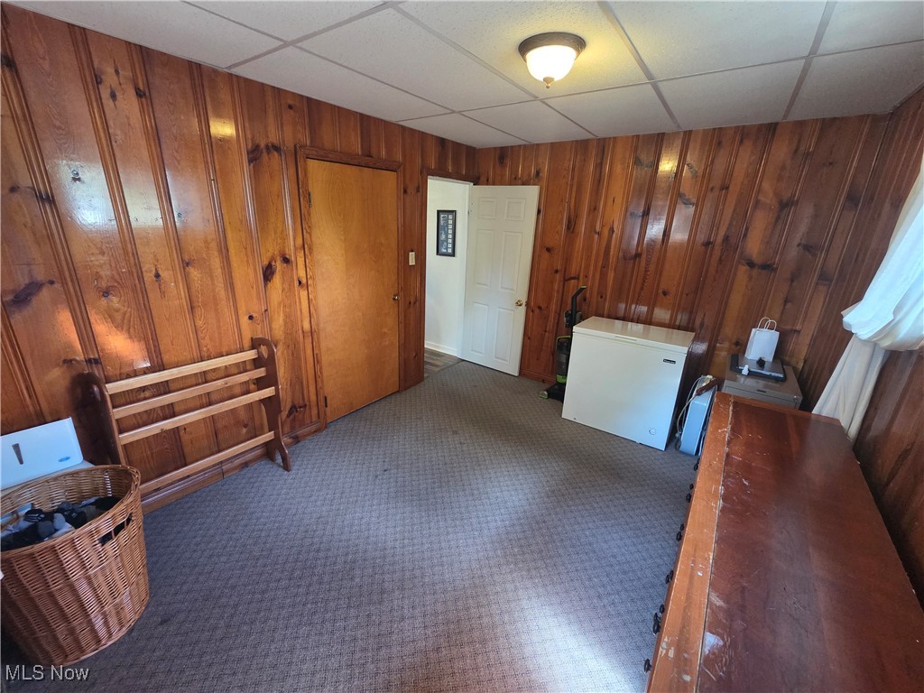 1960 Bellview Road Cambridge, OH 43725 - Photo 12 of 27 Below grade area with a paneled ceiling, wooden walls, and carpet floors
