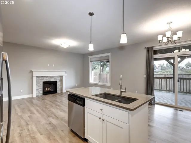 a kitchen with a sink and a fireplace