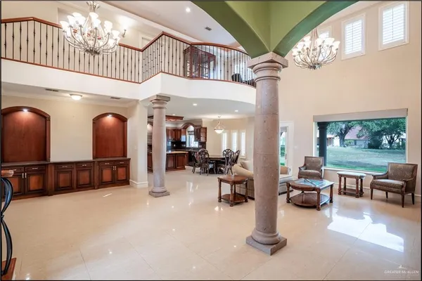 a lobby with furniture