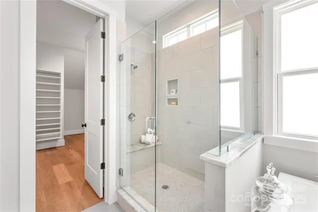 a bathroom with a shower and a sink