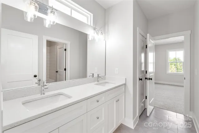 a bathroom with a double vanity sink mirror and double