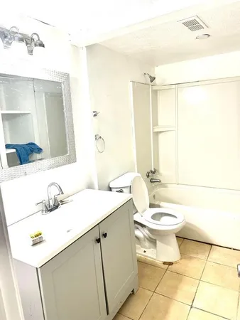 a bathroom with a sink a toilet a mirror and vanity