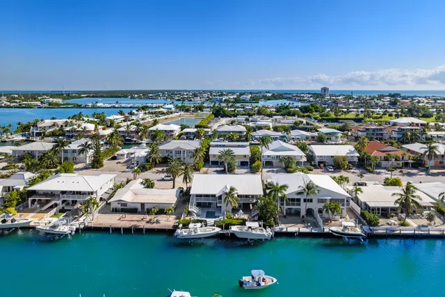 an aerial view of a city with lots of residential buildings and ocean view in back