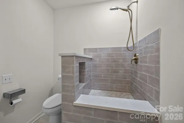a bathroom with a shower and a toilet