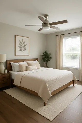 a bedroom with a large bed and a window