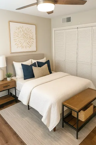 a bedroom with a bed and a night stand