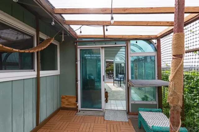 a porch with seating space