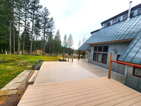 a view of a park with large trees