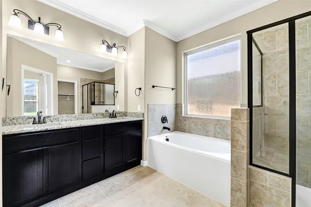 a bathroom with a tub sink shower and mirror