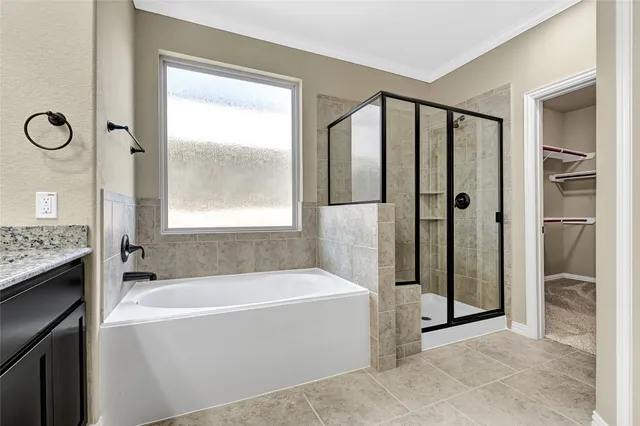 a bathroom with a bathtub and a shower