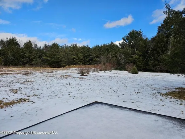 a view of a yard with wooden fence