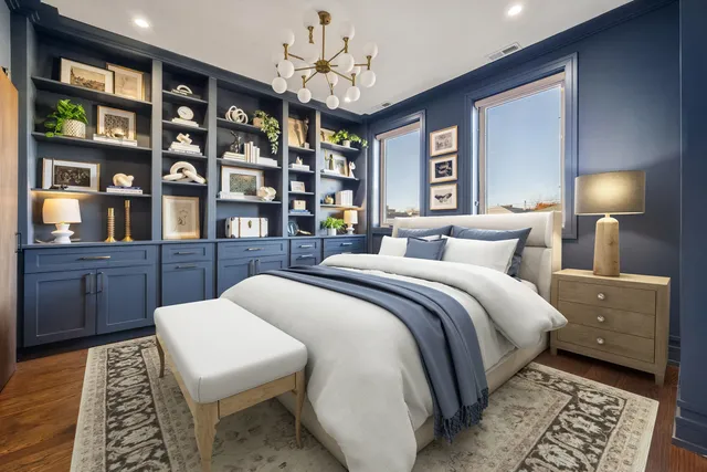 a bedroom with a bed and a book shelf