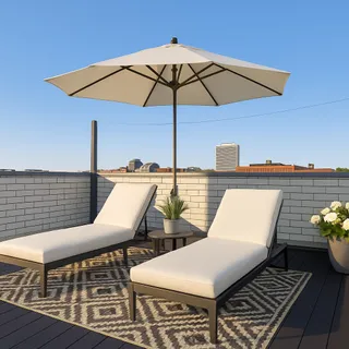a view of a roof deck with wooden floor and seating space