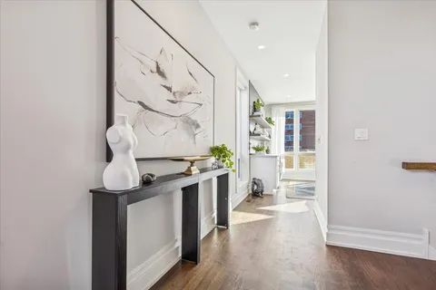 a view of a workspace with furniture and a potted plant