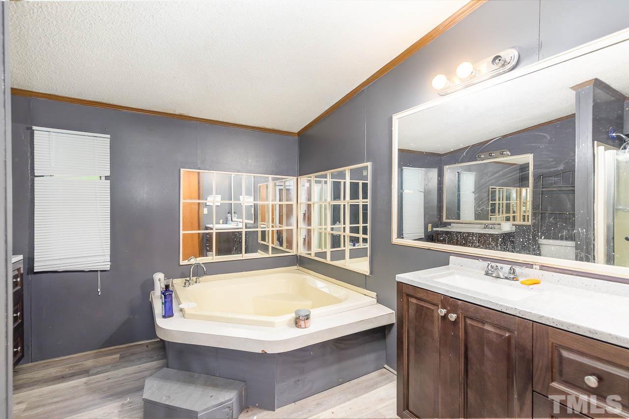 1339 Wiley Road Spring Hope, NC 27882 - Photo 11 of 22 a bathroom with a tub a sink and a large mirror
