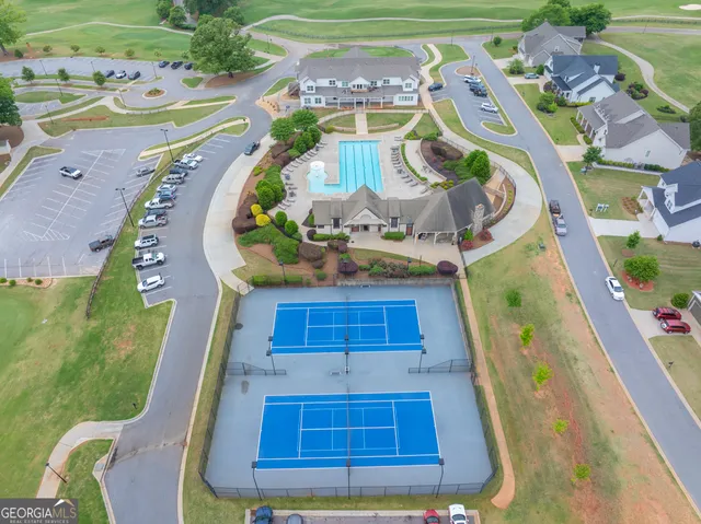 an aerial view of a swimming pool