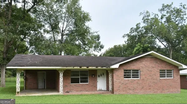 a view of a yard in front of a house with plants and large tree