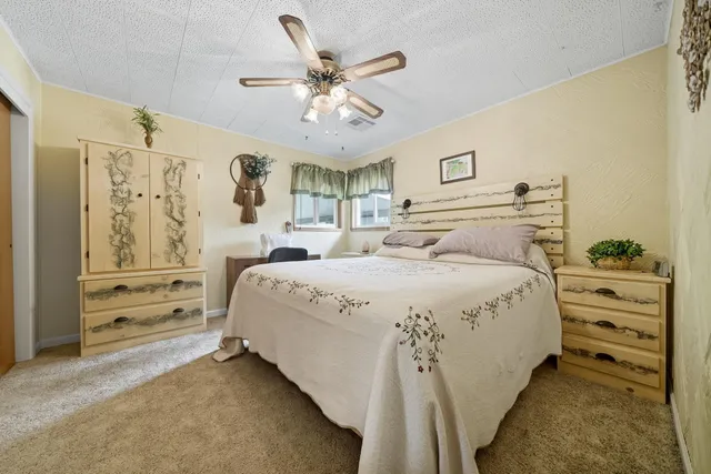a bedroom with a bed and a ceiling fan