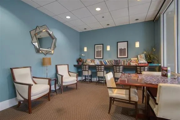 a view of a dining room with furniture