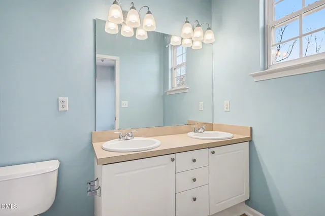 a bathroom with a sink vanity and a mirror