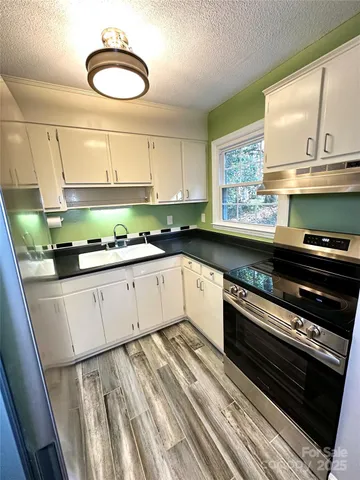 a kitchen with stainless steel appliances a stove a sink and a cabinets