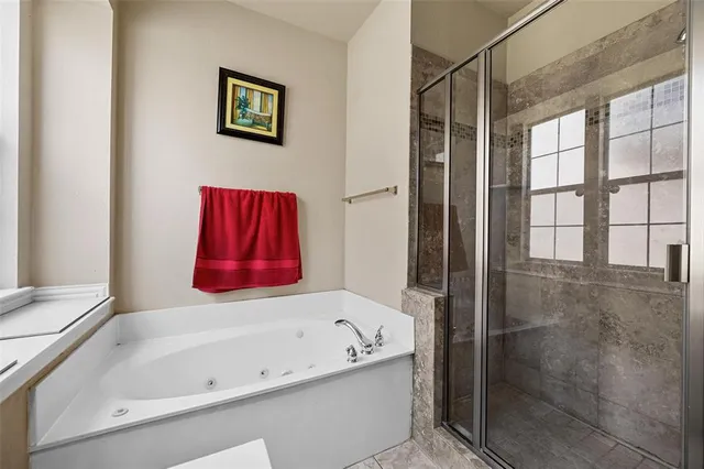 a bathroom with a bathtub and a shower