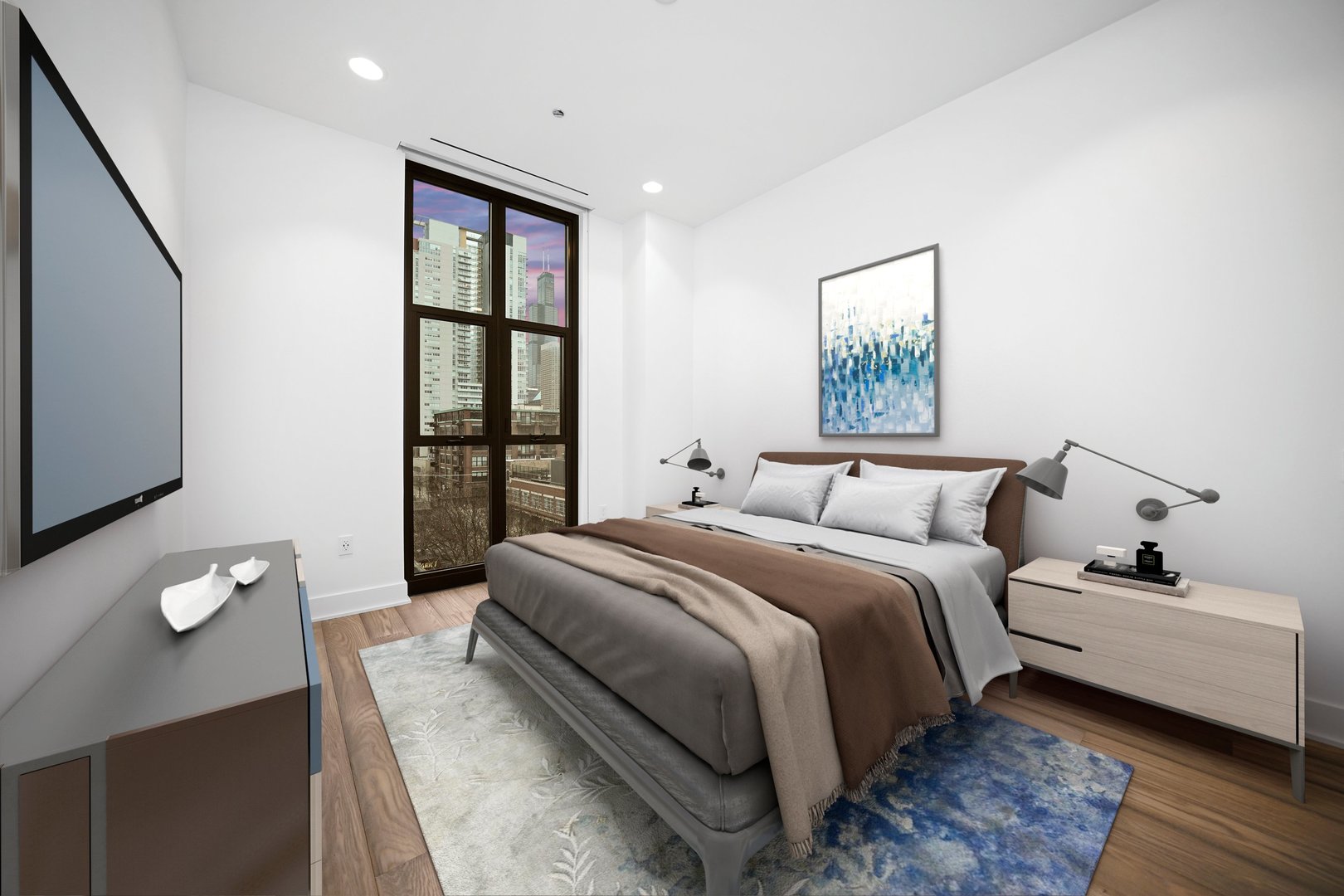 900 West Washington Boulevard, Unit 504 Chicago, IL 60607 - Photo 17 of 28 a bedroom with a large bed and a flat tv screen on dresser