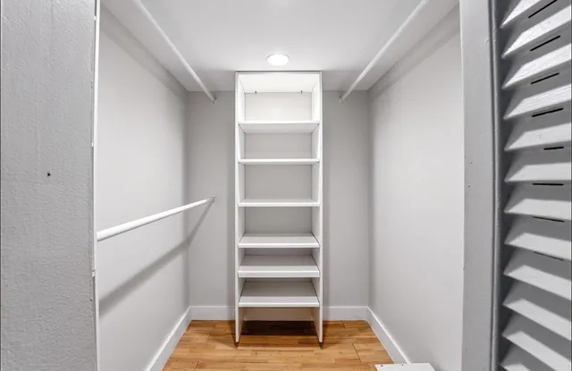 a view of walk in closet with empty racks