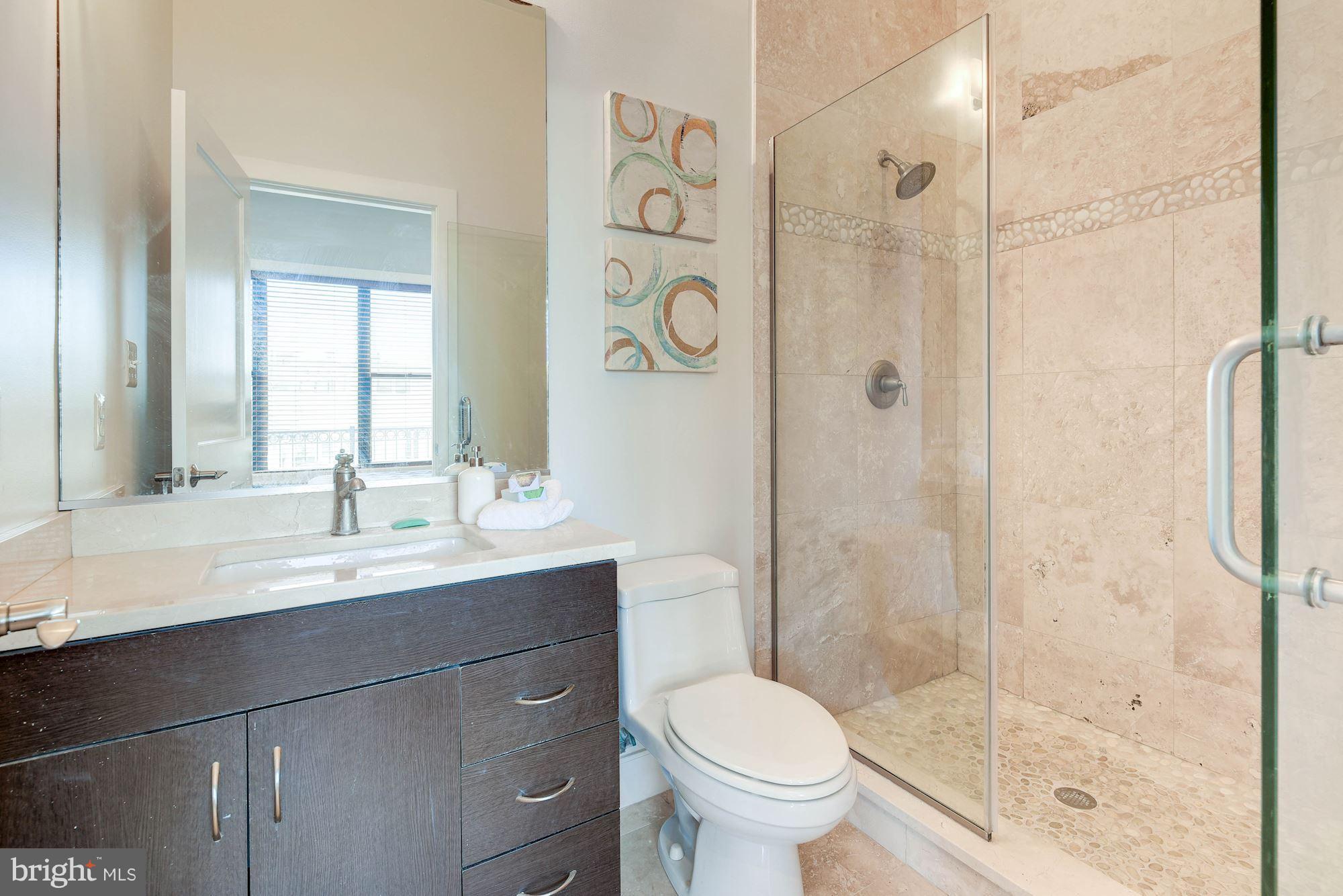 2444 Ontario Road Northwest, Unit 4 Washington, DC 20009 - Photo 17 of 26 a bathroom with a shower sink vanity mirror and toilet
