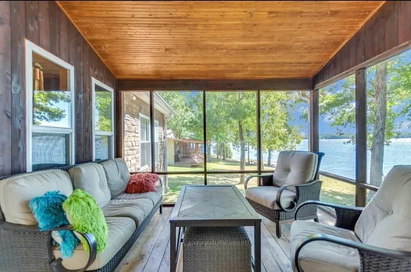 a living room with furniture and a floor to ceiling window