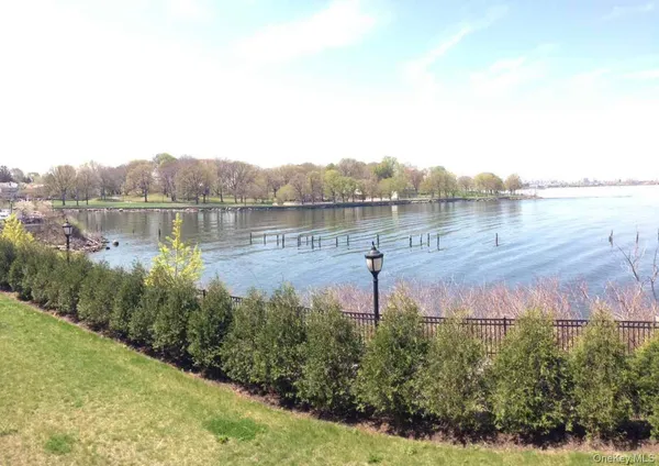 a view of a lake with a yard and large trees