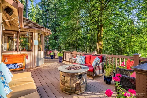 an outdoor space with furniture