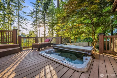 a garden view with a seating space
