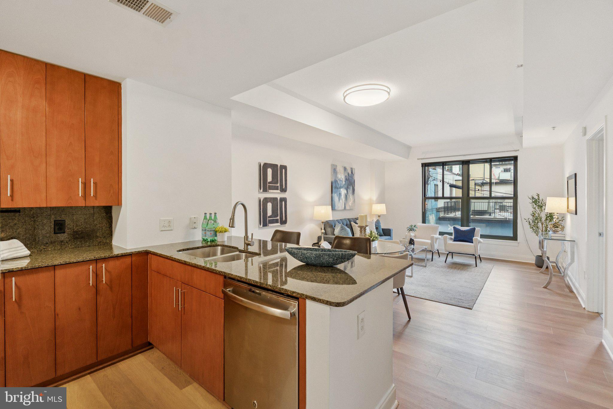 910 M Street Northwest, Unit 202 Washington, DC 20001 - Photo 1 of 27 a open kitchen with stainless steel appliances granite countertop a sink dishwasher stove and wooden cabinets with wooden floor