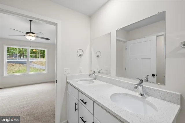 a bathroom with 2 sink and a mirror