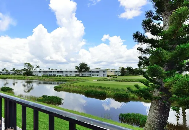 a view of a lake with a houses in the back