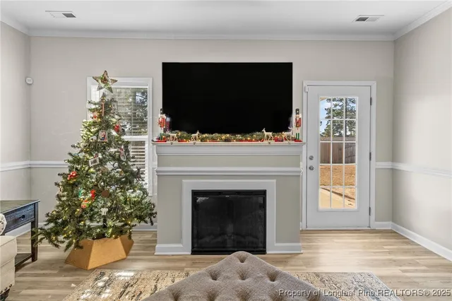 a living room with a fireplace a flat screen tv and a potted plant