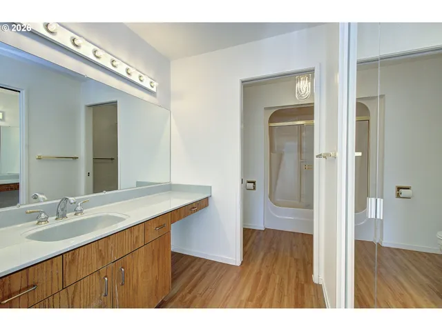 a bathroom with a sink mirror and shower