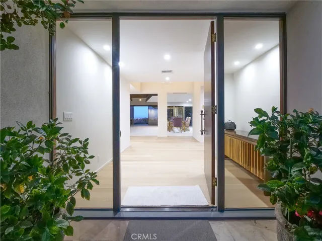 a view of a porch with a potted plant