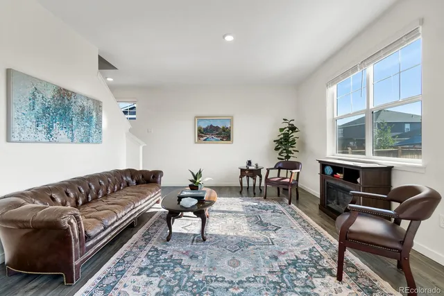 a living room with furniture and a rug