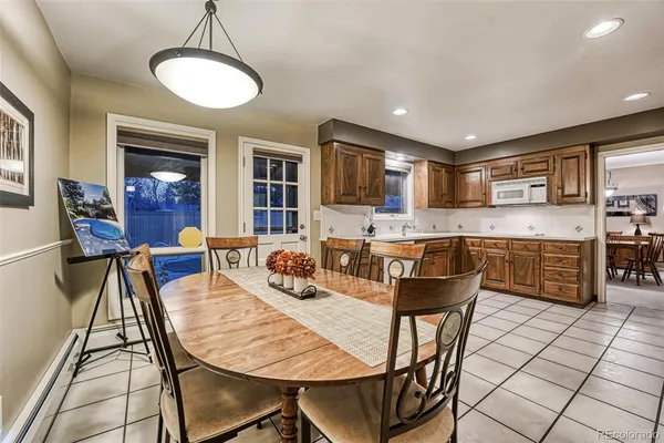 a view of a dining room with furniture