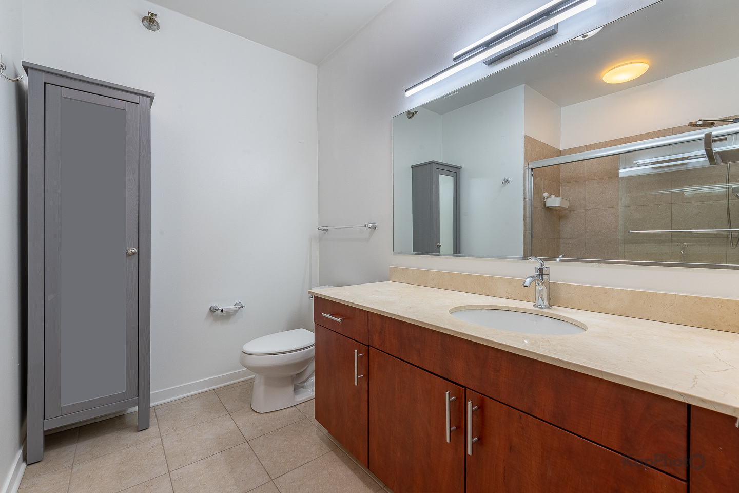 757 North Orleans Street, Unit 1104 Chicago, IL 60654 - Photo 17 of 30 a bathroom with a granite countertop toilet a sink and a mirror