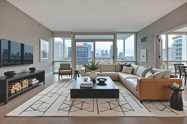 a living room with furniture a flat screen tv and a floor to ceiling window
