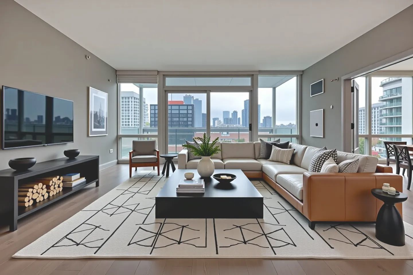 757 North Orleans Street, Unit 1104 Chicago, IL 60654 - Photo 3 of 30 a living room with furniture a flat screen tv and a floor to ceiling window